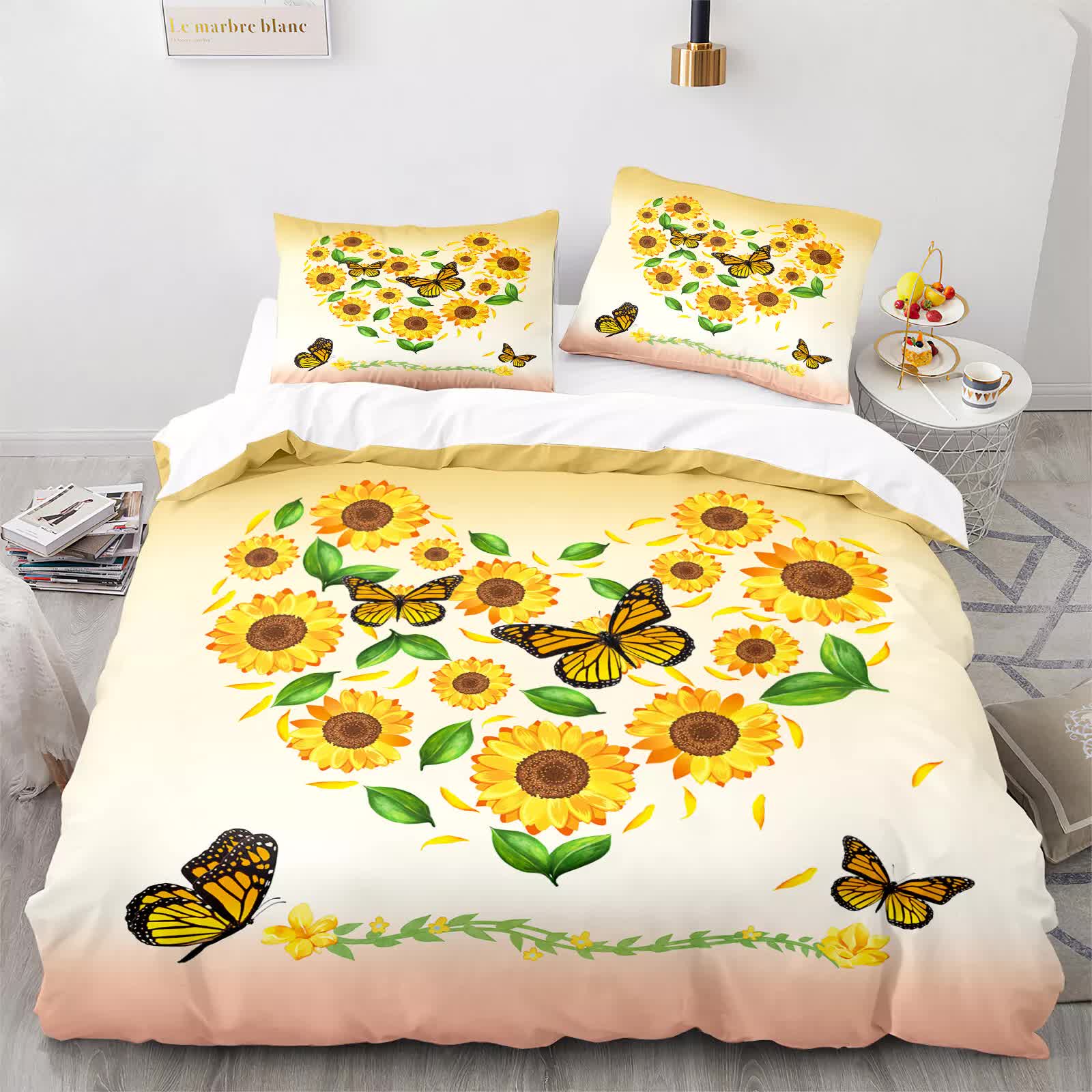 3-piece comforter set with white comforter and two pillows, sunflower floral design and butterflies