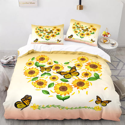 3-piece comforter set with white comforter and two pillows, sunflower floral design and butterflies