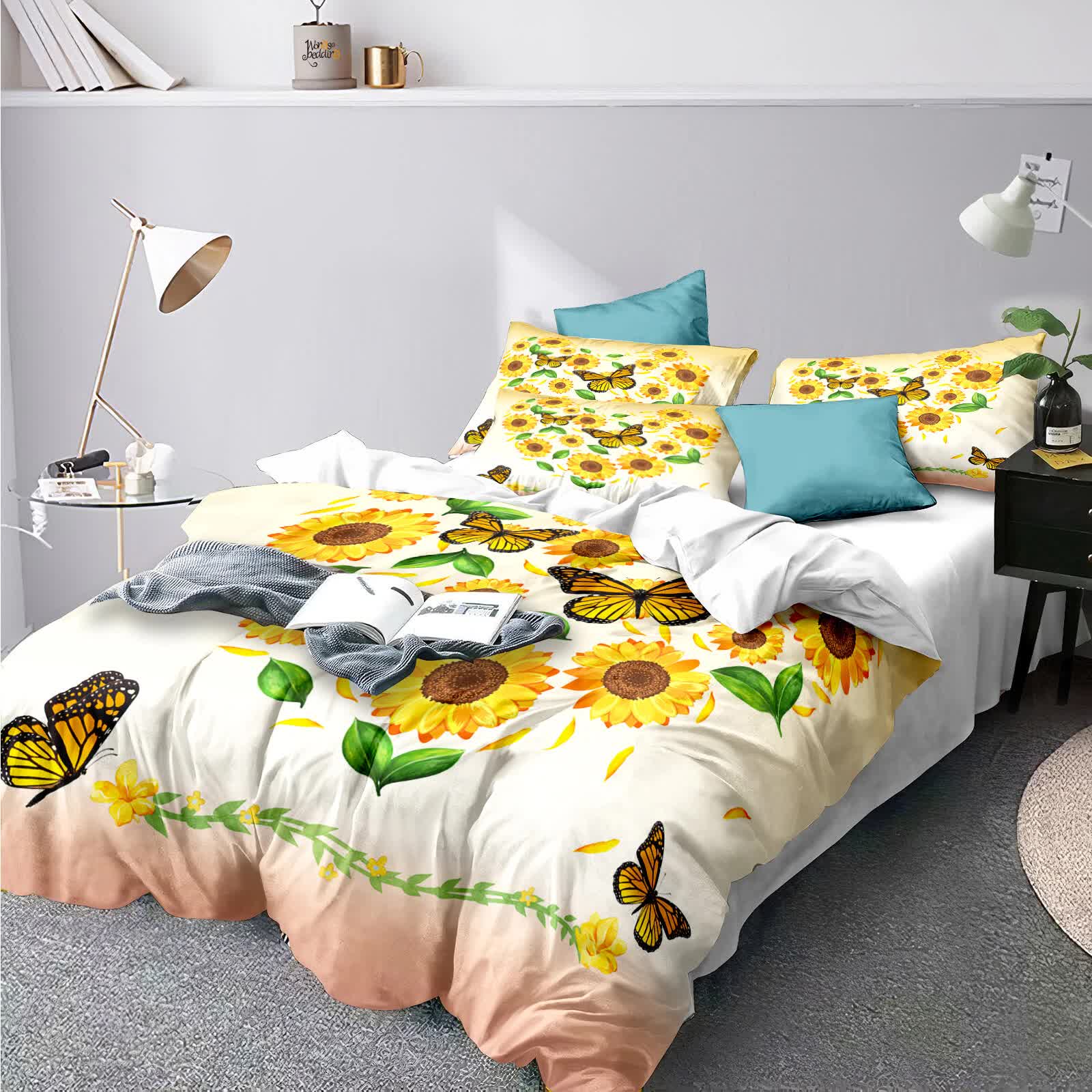 3-piece comforter set with white bedding showing sunflower and butterfly print, two pillowcases