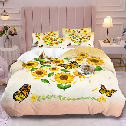 3-piece comforter set with white comforter, sunflower and butterfly pattern, and two matching pillows