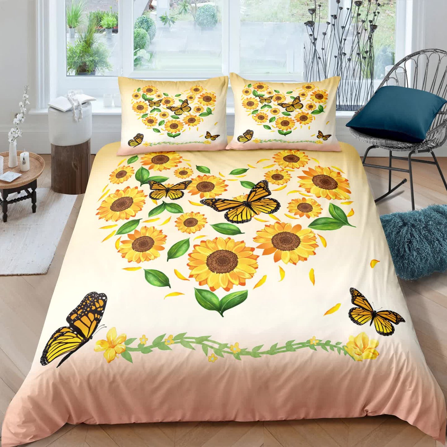 3-piece comforter set with white bedding, sunflower floral print and yellow butterflies, two pillowcases