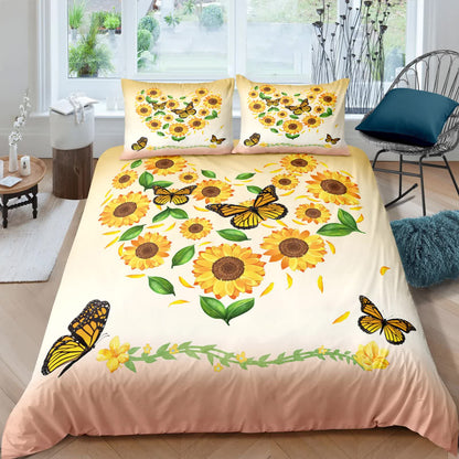 3-piece comforter set with white bedding, sunflower floral print and yellow butterflies, two pillowcases