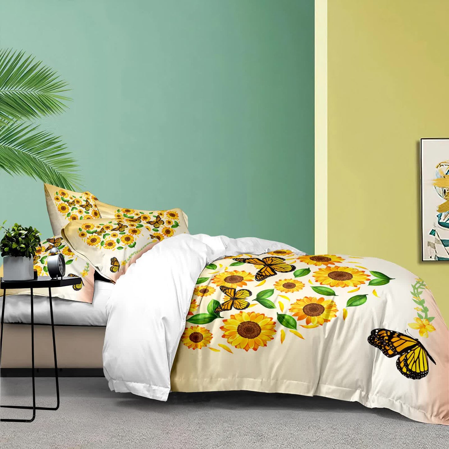 3-piece comforter set on bed with white comforter, sunflower and butterfly design, two pillowcases