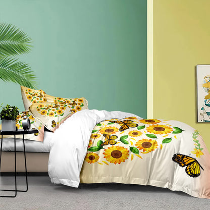 3-piece comforter set on bed with white comforter, sunflower and butterfly design, two pillowcases