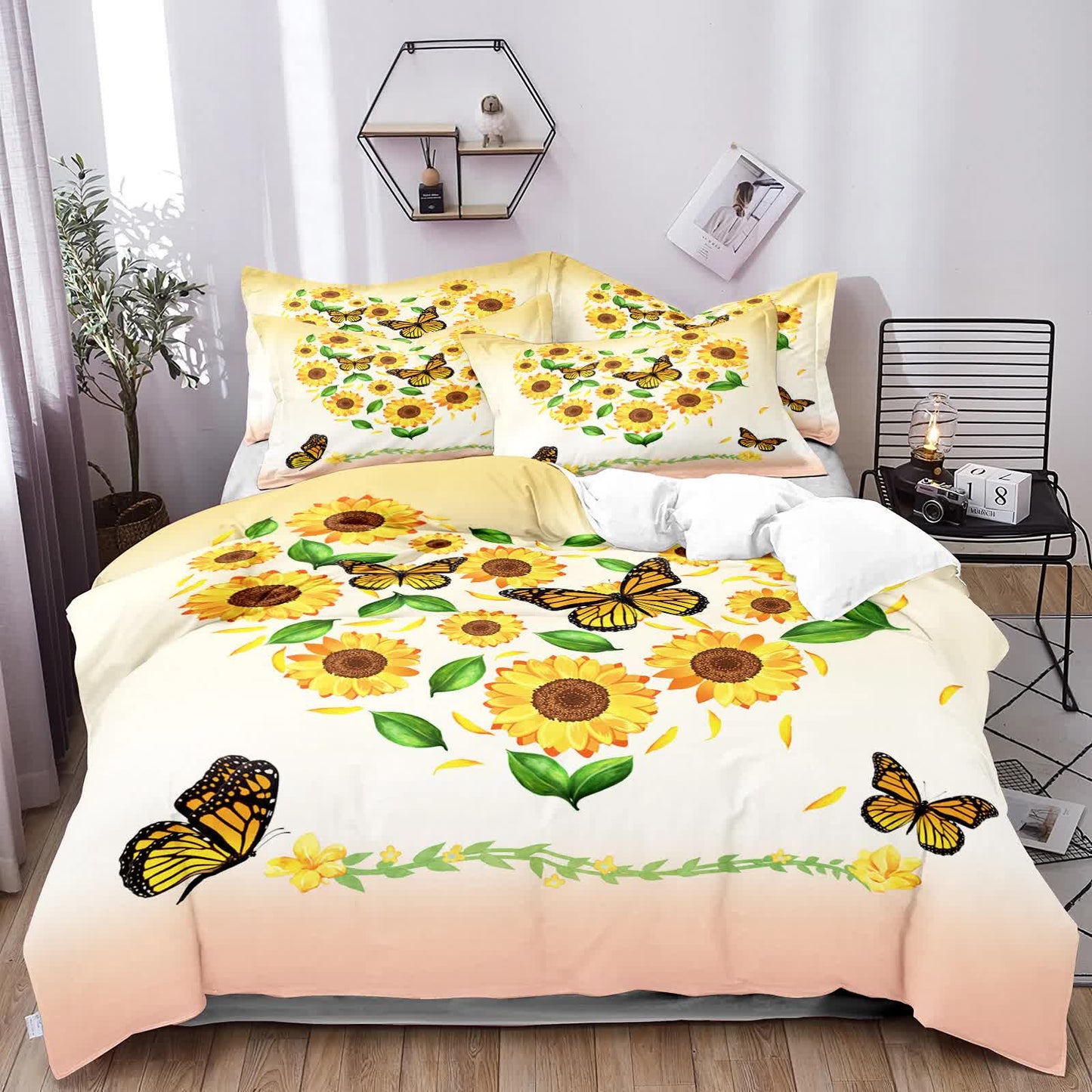 3-piece comforter set with white base, sunflower and butterfly print, plus two matching pillowcases
