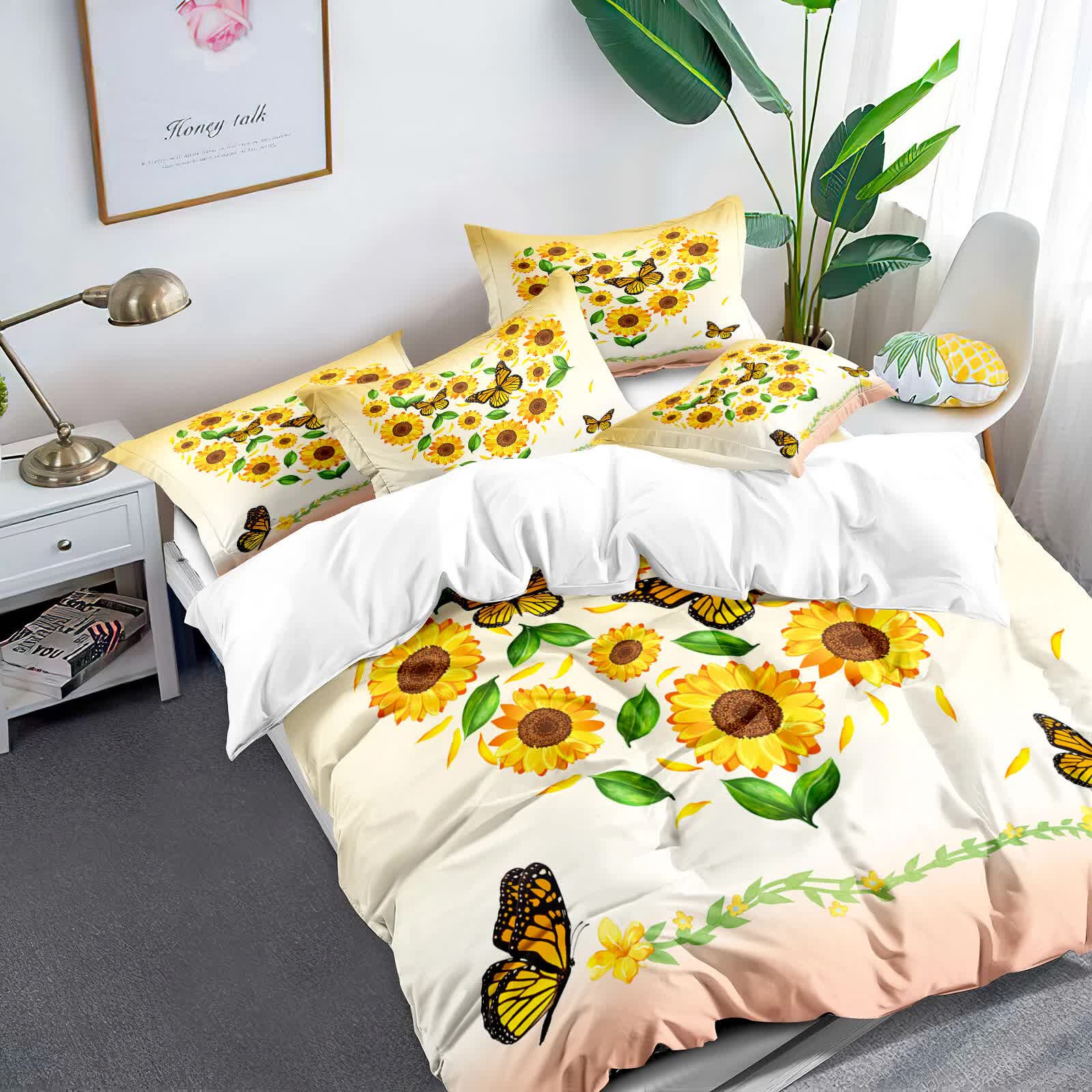3-piece comforter set with white comforter and pillows featuring sunflower and butterfly floral print