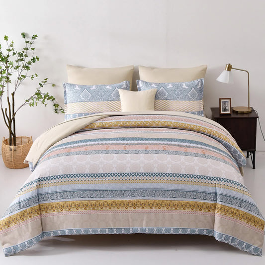 Boho quilted comforter with blue geometric panel and striped edge; includes two shams