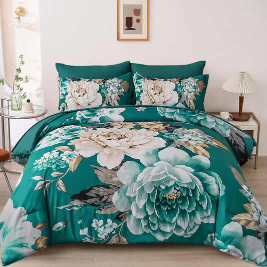 Teal floral comforter set with matching pillow shams