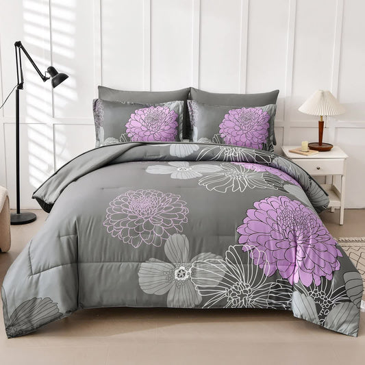 Grey comforter set with purple floral and white line-art pillows