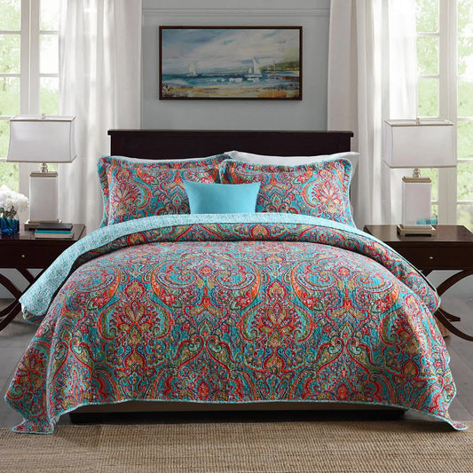 Boho print quilt bedspread set with matching pillowcases, teal blue with paisley red accents