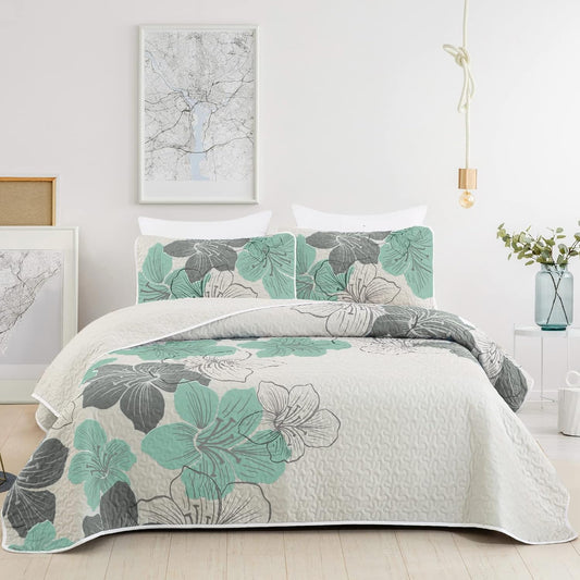 Queen quilted coverlet set with teal and gray boho floral pillow shams and coverlet