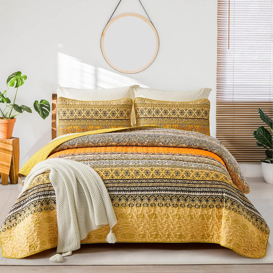 Quilted bedspread set with two matching pillow covers, yellow, gray, and patterned trim