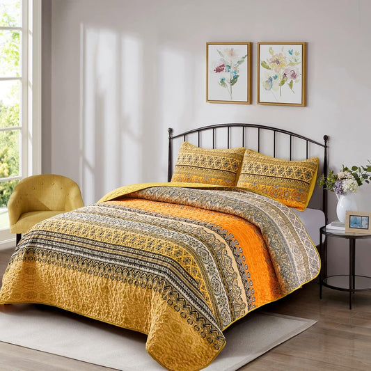 Quilted bedspread and pillow covers set with boho stripes in yellow and gray