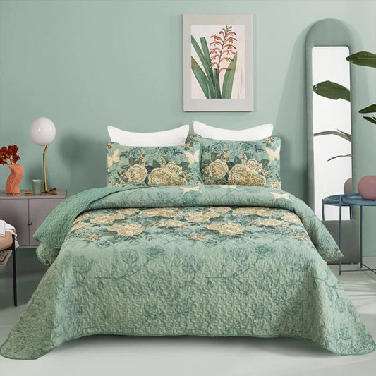 Quilted bedspread set in teal green with beige rose floral pillowcases