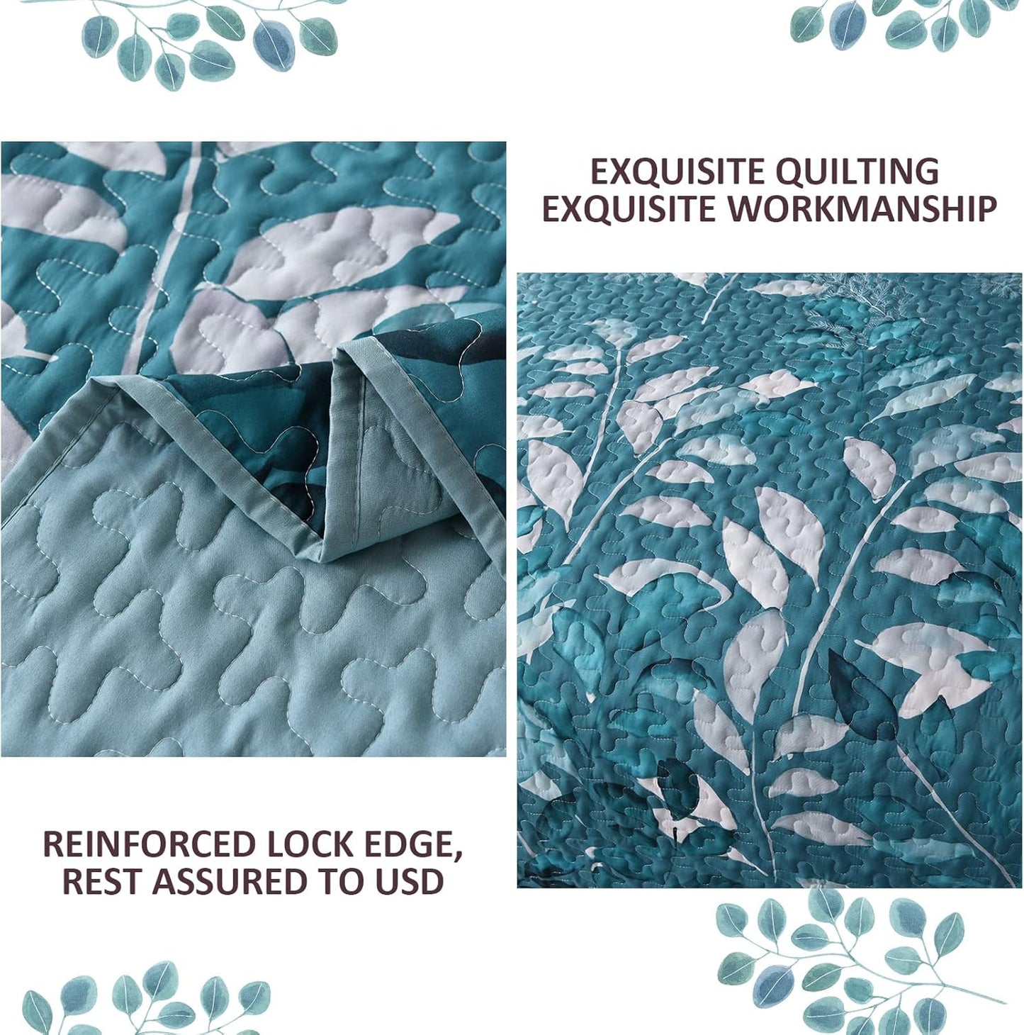 Teal quilt coverlet close-up showing stitched quilting and reinforced edge