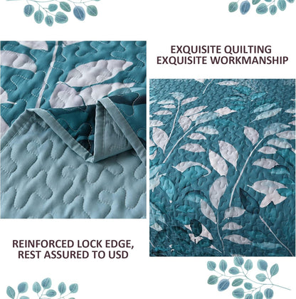 Teal quilt coverlet close-up showing stitched quilting and reinforced edge