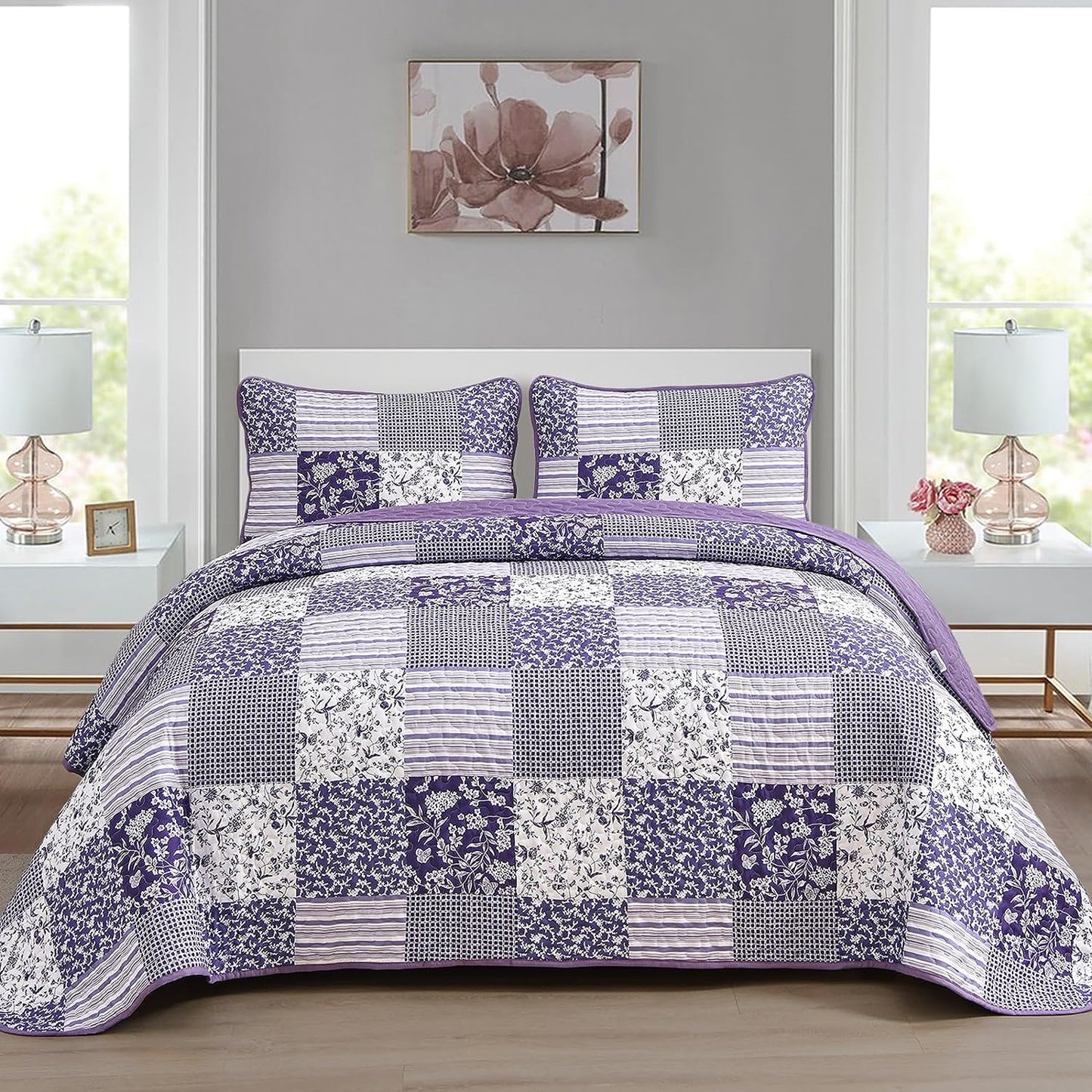 Quilted patchwork bedspread with two pillow covers, purple and white floral grid pattern