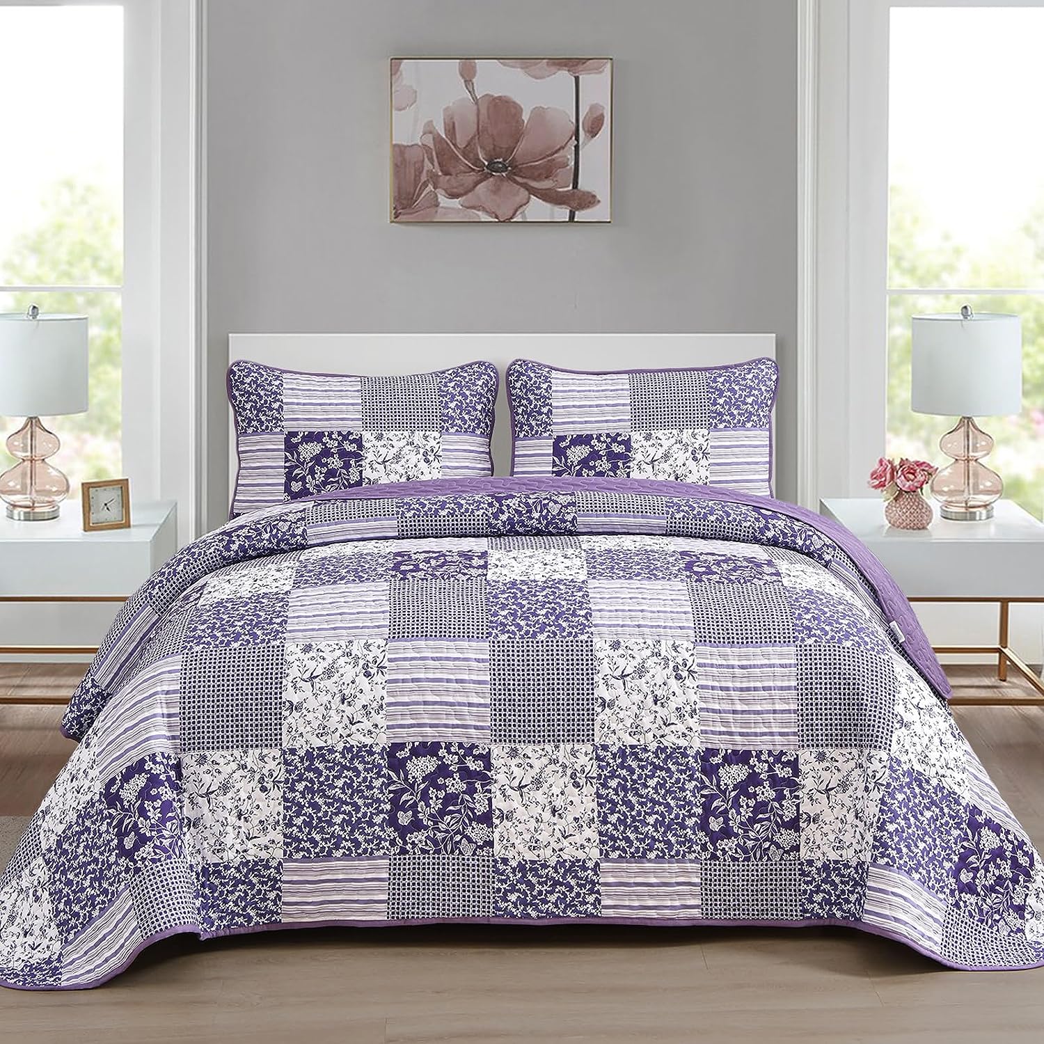 Quilted patchwork bedspread with two pillow covers, purple and white floral grid pattern