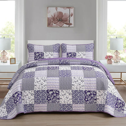 Quilted patchwork bedspread with two pillow covers, purple and white floral grid pattern