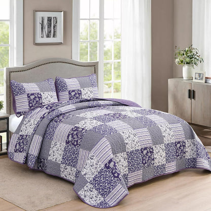 Quilted patchwork bedspread with pillow covers, purple and white check and floral blocks