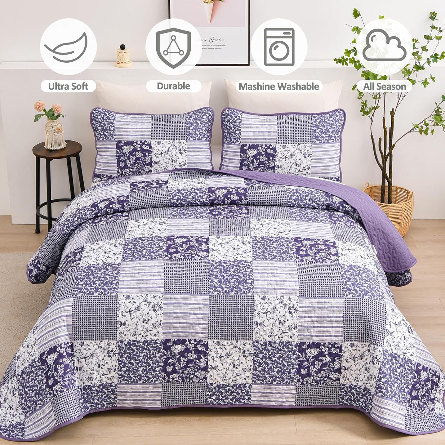 Quilted patchwork bedspread with two pillow covers, purple and white floral patch design