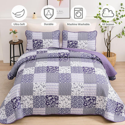 Quilted patchwork bedspread with two pillow covers, purple and white floral patch design