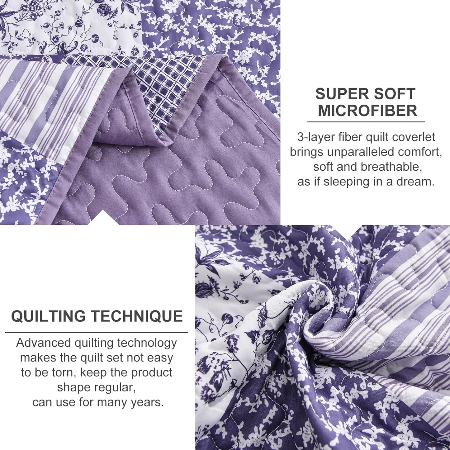 Quilted bedspread fabric close-up, purple floral print with stitched channel texture