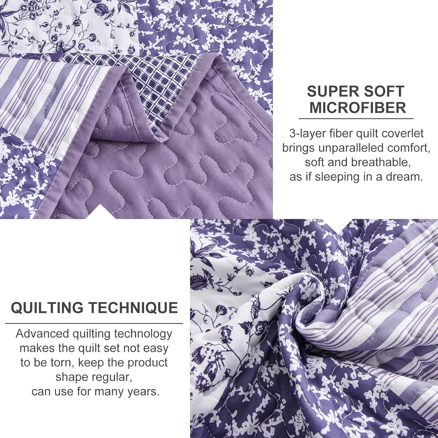 Quilted bedspread fabric close-up, purple floral print with stitched channel texture