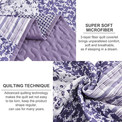 Quilted bedspread fabric close-up, purple floral print with stitched channel texture