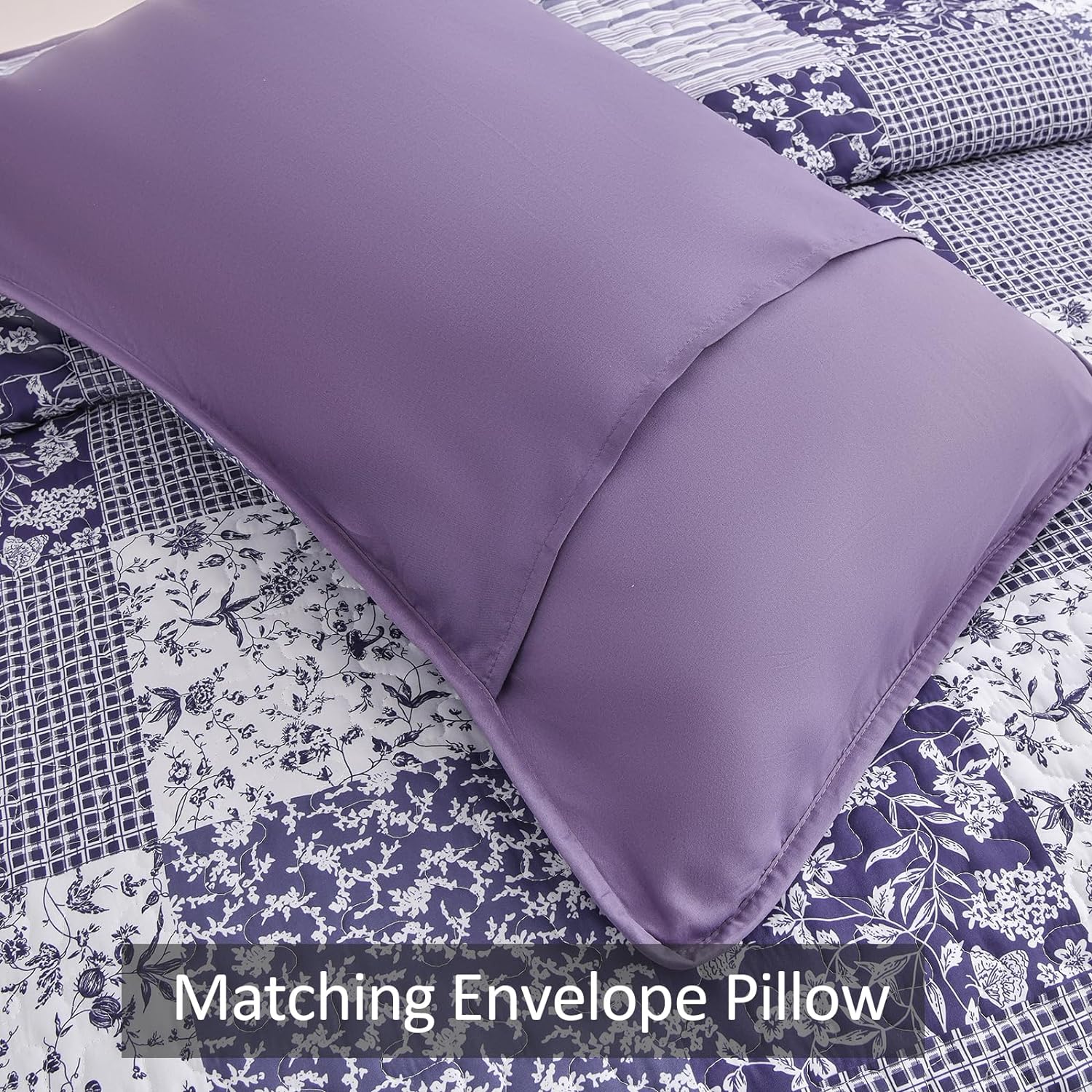 Matching envelope pillow cover, lavender purple fabric on purple and white quilt