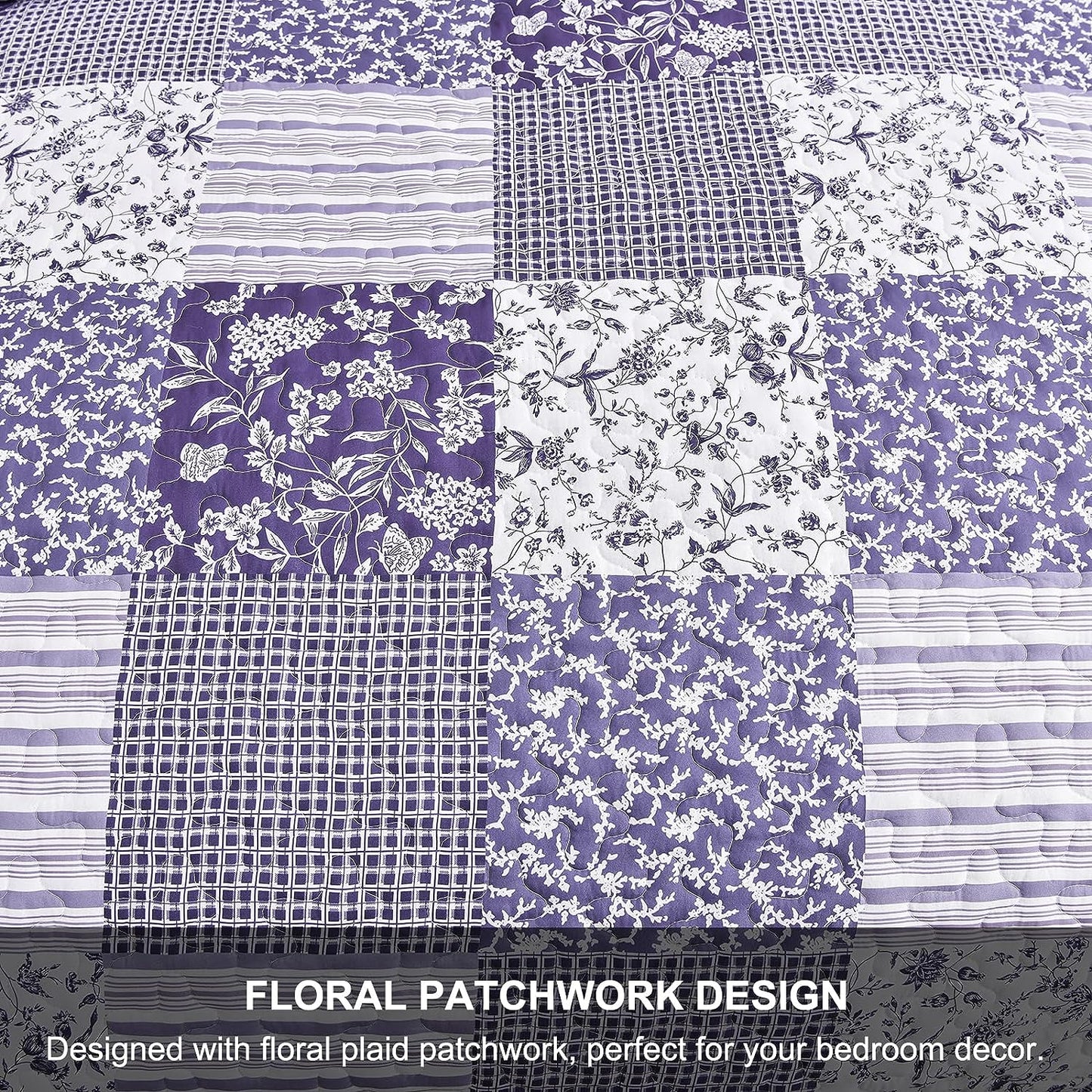 Floral patchwork quilt bedspread top, purple and white grid and vine motifs