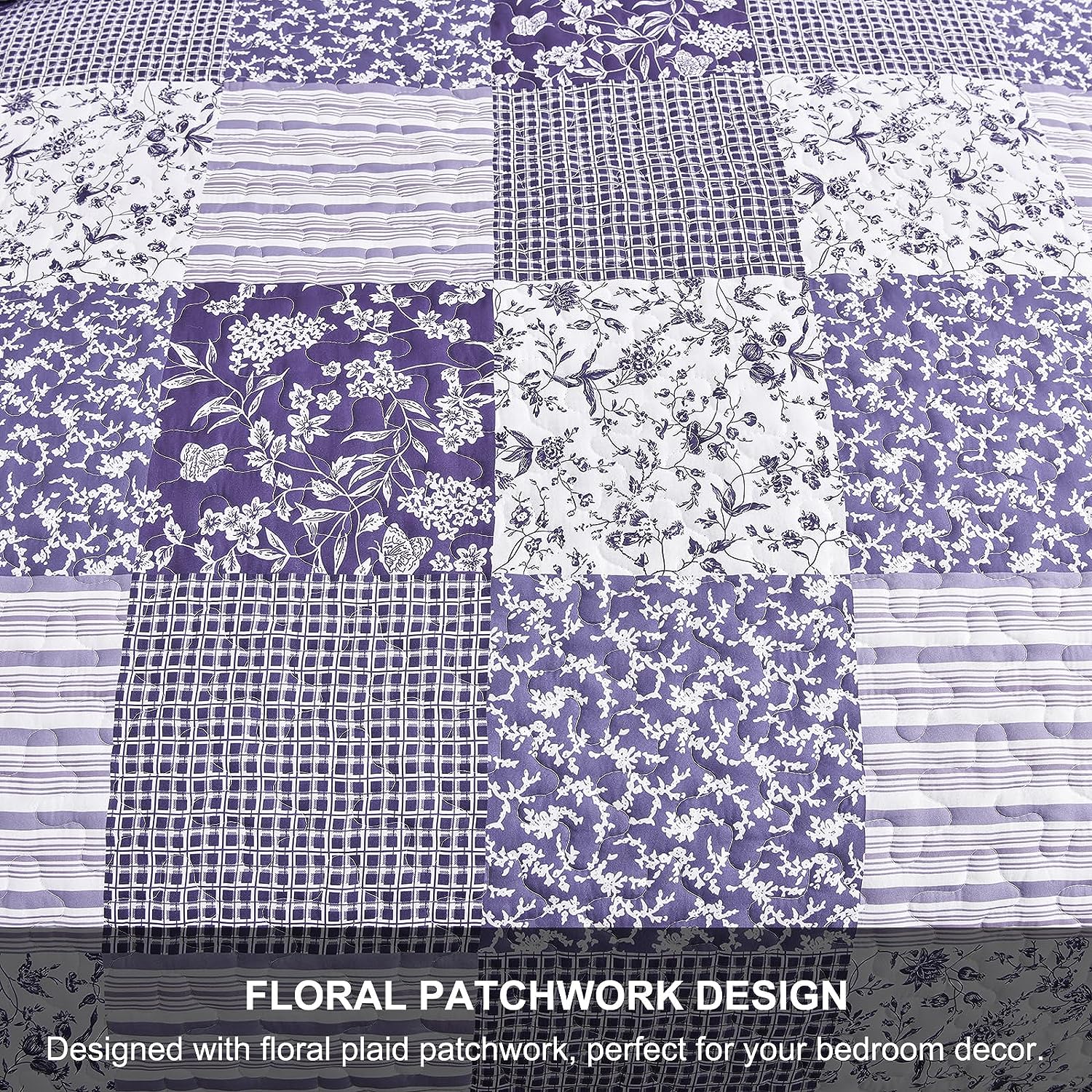 Floral patchwork quilt bedspread top, purple and white grid and vine motifs