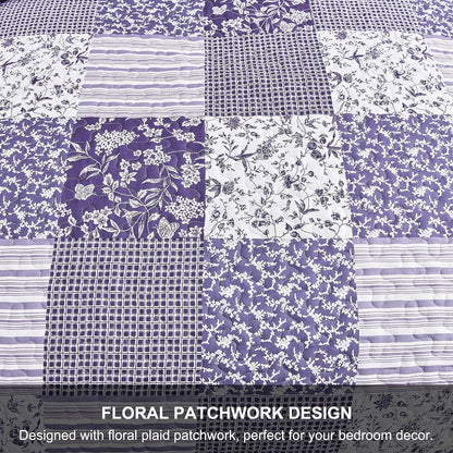 Floral patchwork quilt bedspread top, purple and white grid and vine motifs