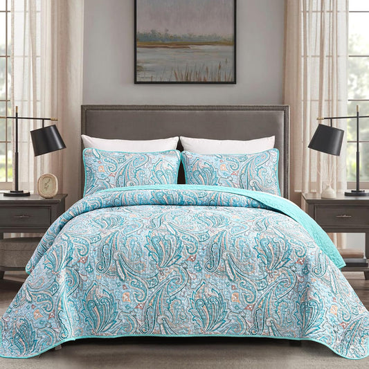 Teal paisley quilted coverlet with matching pillowcases set