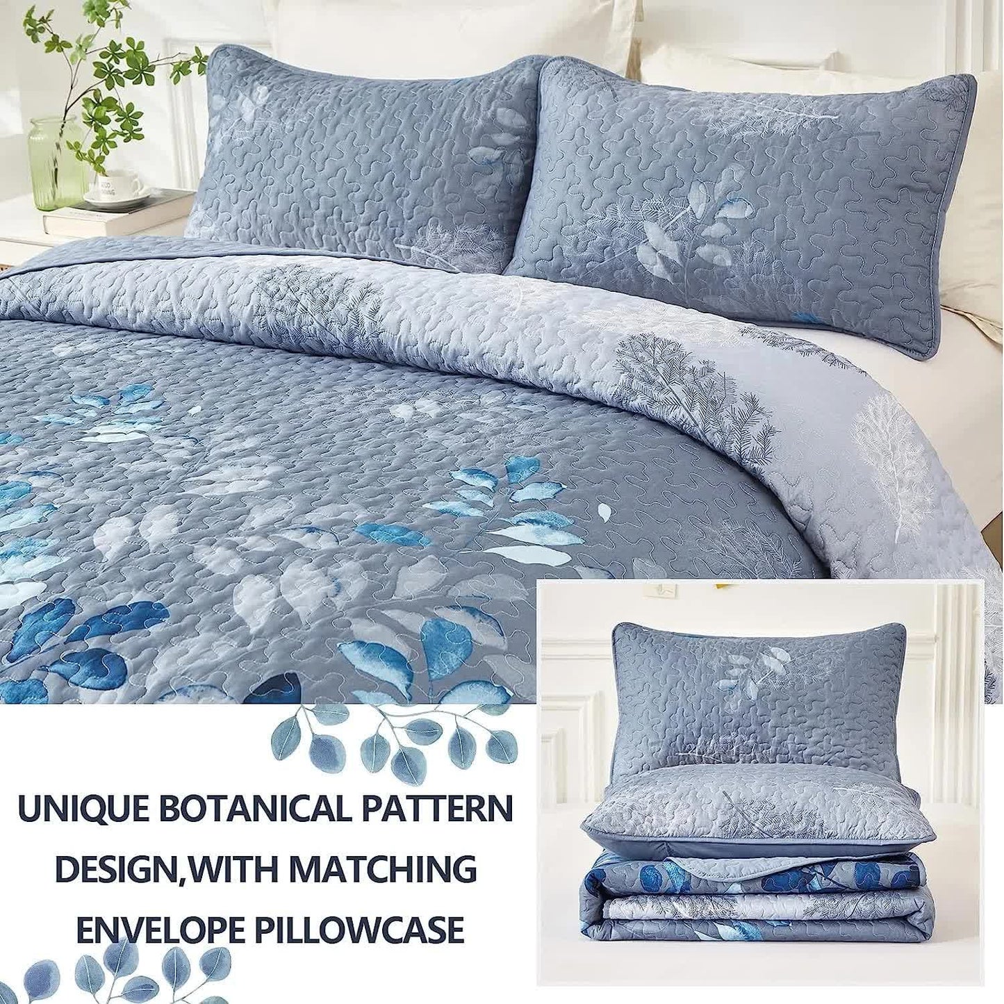 Blue botanical quilted coverlet with two matching pillow shams, leaf floral pattern