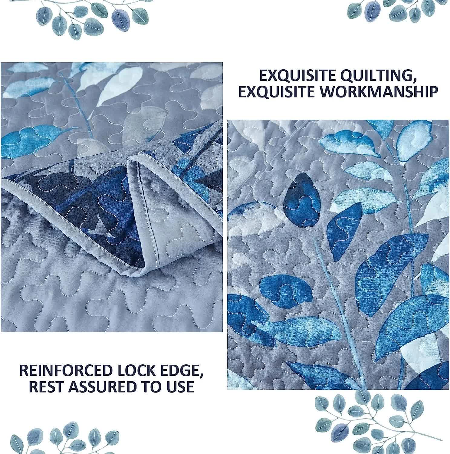 Quilted blue botanical fabric with leaf pattern, coverlet corner fold detail