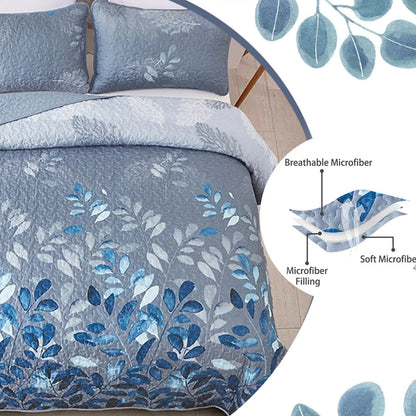 Close-up of blue botanical leaf quilted coverlet fabric with plush texture