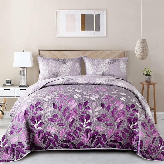 Botanical bedspread and pillow covers set with purple and gray orchid leaf pattern