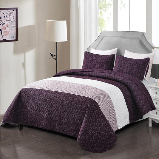Queen quilted coverlet with pillowcovers, dark purple with light gray stripes