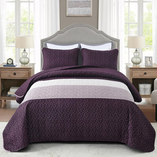 Queen quilted coverlet with pillowcovers, dark purple with light gray center stripe