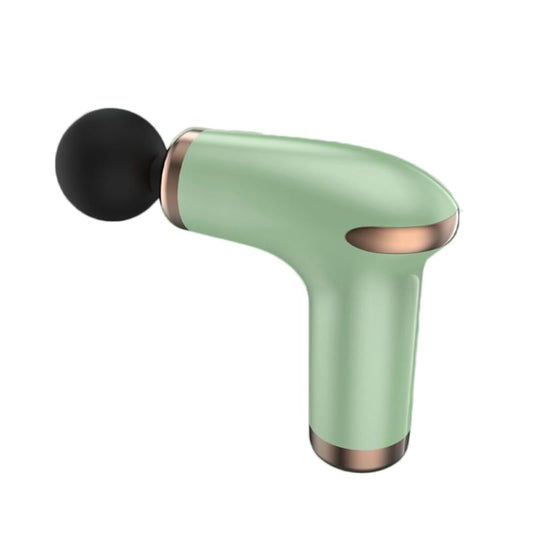 Light green handheld massage gun with round black massage head
