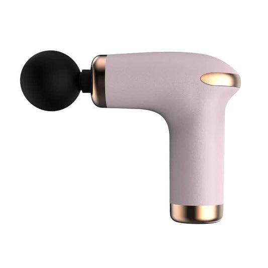 Pink handheld massage gun with black round head and gold base.
