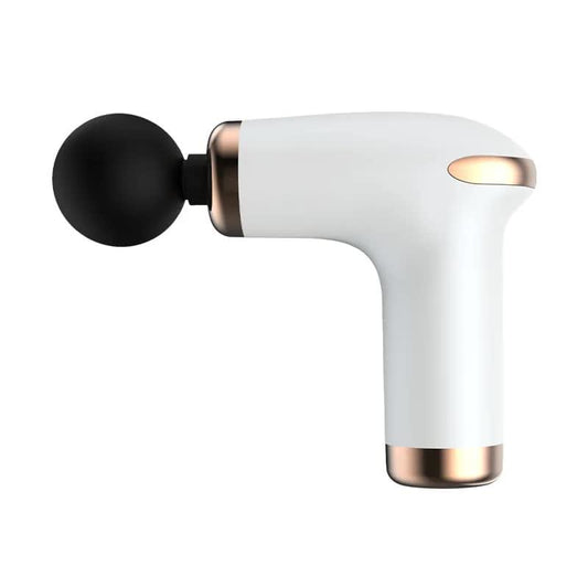 White handheld massage gun with round black attachment head