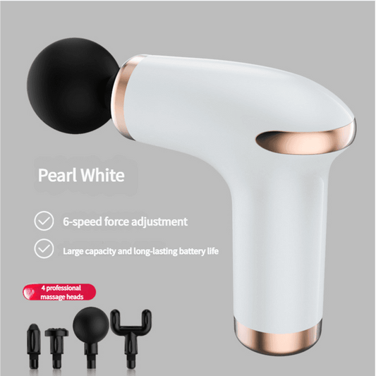 Pearl white handheld massage gun with round black attachment head
