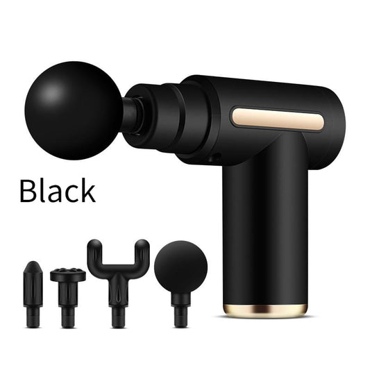 Compact massage gun with round spherical head and visible interchangeable attachments