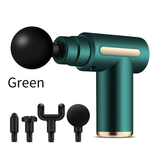 Green massage gun with black spherical head and four interchangeable attachment heads
