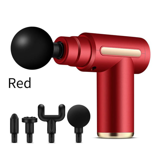 Red massage gun with black spherical head and 4 interchangeable attachment heads