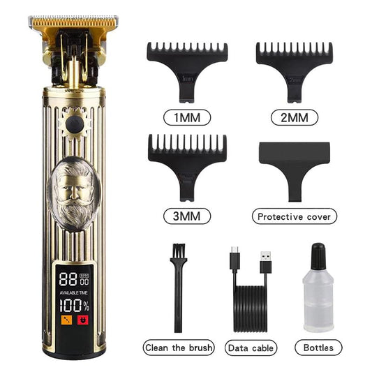Beard hair trimmer with gold-toned head and digital display, plus adjustable guard set