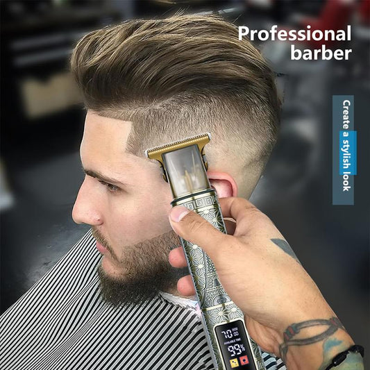 Cordless beard trimmer in gold with digital screen, handheld trimming a neckline