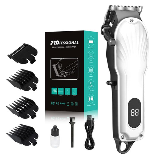 White cordless hair clipper with LED display and black handle